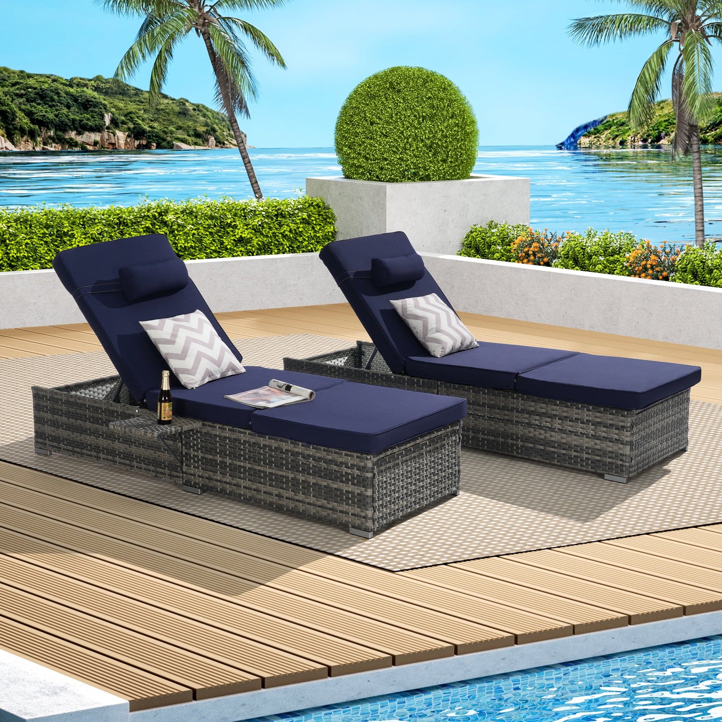UHOMEPRO 2pcs Chaise Lounge Chair, Modern Rattan Wicker Outdoor Chaise Lounge Set for Patio Poolside Garden, All-Weather Recliner for Beach w/Cushion, Pillow, Back Adjustable, Steel Frame, Beige