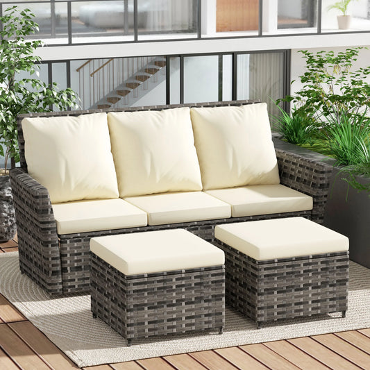 UHOMEPRO 3 Piece Rattan Patio Sofa Set, Outdoor Patio Conversation Set, All-Weather PE Rattan Wicker Furniture Set with 2 Ottomans, Cushioned Sofa Set for Patio Garden Poolside Deck, Beige