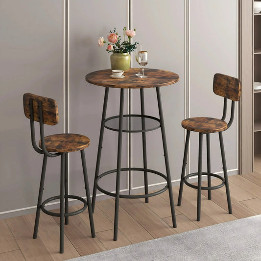 UHOMEPRO 3 Pieces Bar Table Set, Modern Bar Table Set with 2 Stools, Home Kitchen Breakfast Table and Chairs Set Ideal for Pub, Living Room, Breakfast Nook, Easy to Assemble, Rustic Brown