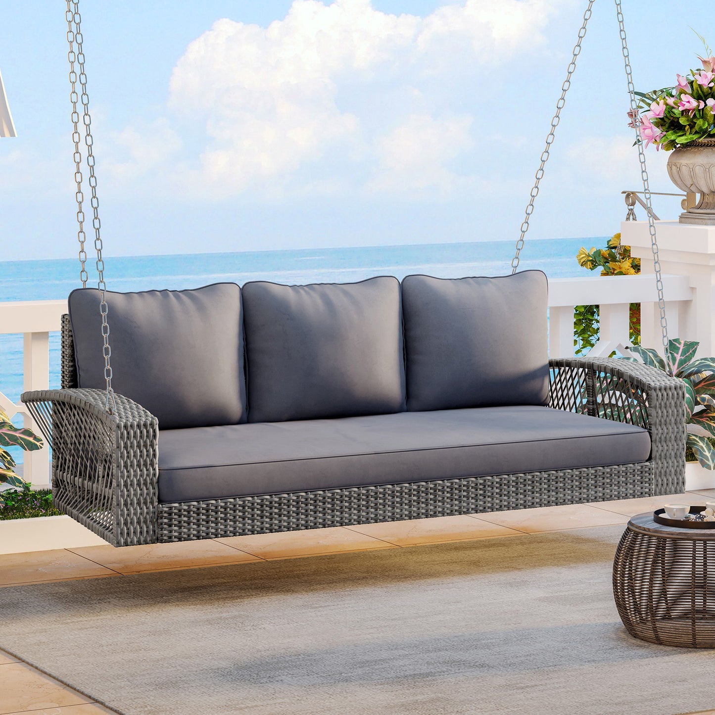 UHOMEPRO 3-Seats Wicker Hanging Porch Swing Chair, Rattan Patio Swing Lounge with Back Cushions and Metal Hanging Chains for Garden Balcony, All-Weather Waterproof Hanging Bench On Clearance, Brown