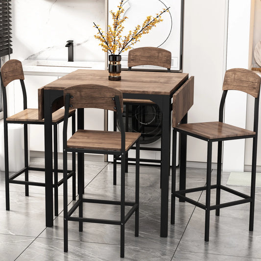 UHOMEPRO 5 Piece Counter Height Dining Table Set for 4 People, Extendable Kitchen Table Set with 4 Bar Chairs, Industrial Style Dining Room Set, Sturdy Frame and Board, Brown + Black
