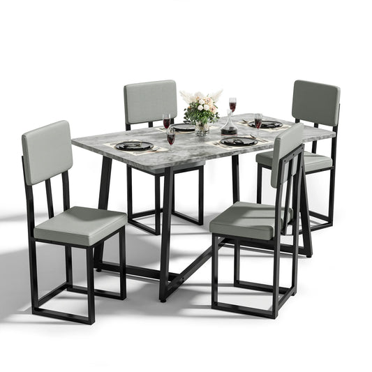 UHOMEPRO 5 Piece Dining Room Set, Modern Dining Table Set with Faux Marble Tabletop and 4 Leatherette Upholstered Chairs for 4 Persons, Rectangle Kitchen Table Set Dining Set for Dining Room, Gray