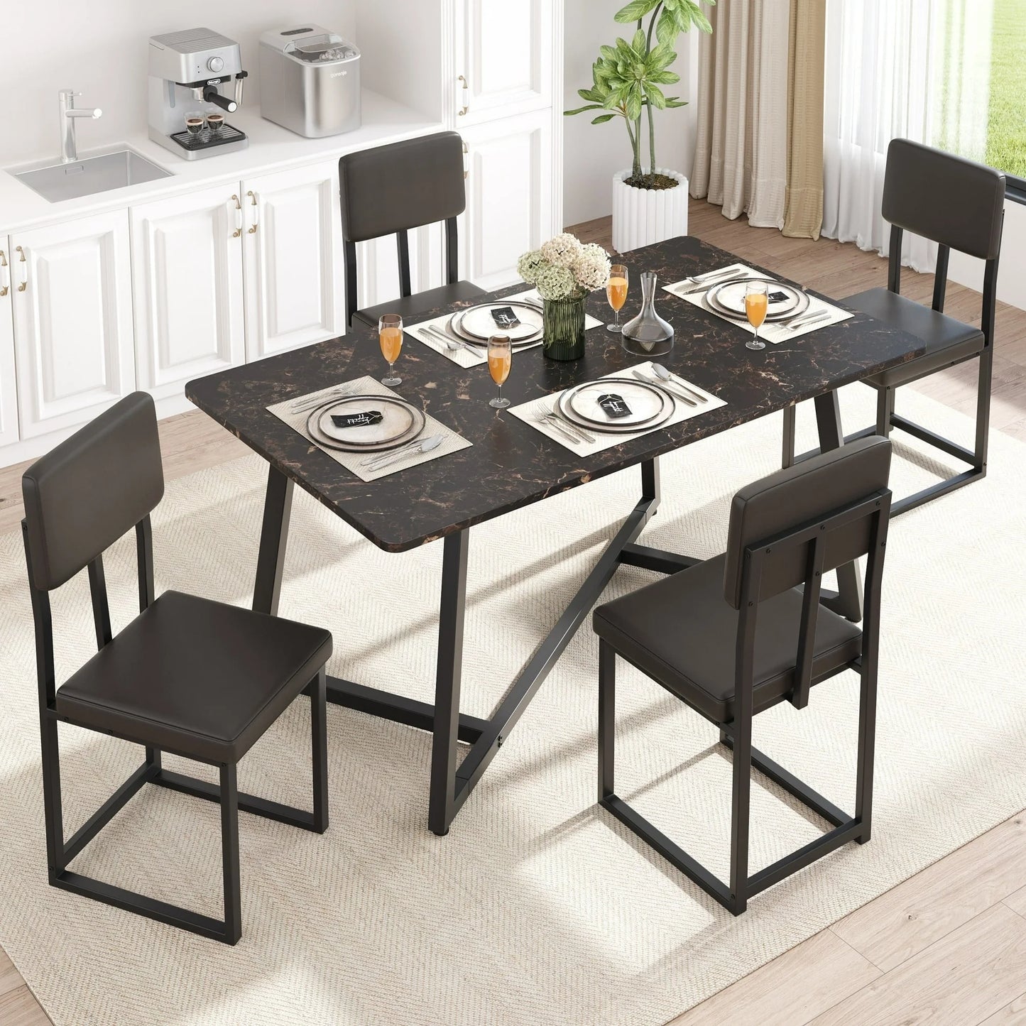 UHOMEPRO Dining Table Set for 4, Modern 5 Piece Dining Room Table Set with Faux Marble Tabletop and 4 Leatherette Upholstered Chairs, Rectangle Kitchen Table Set Dining Set for Dining Room, Gray