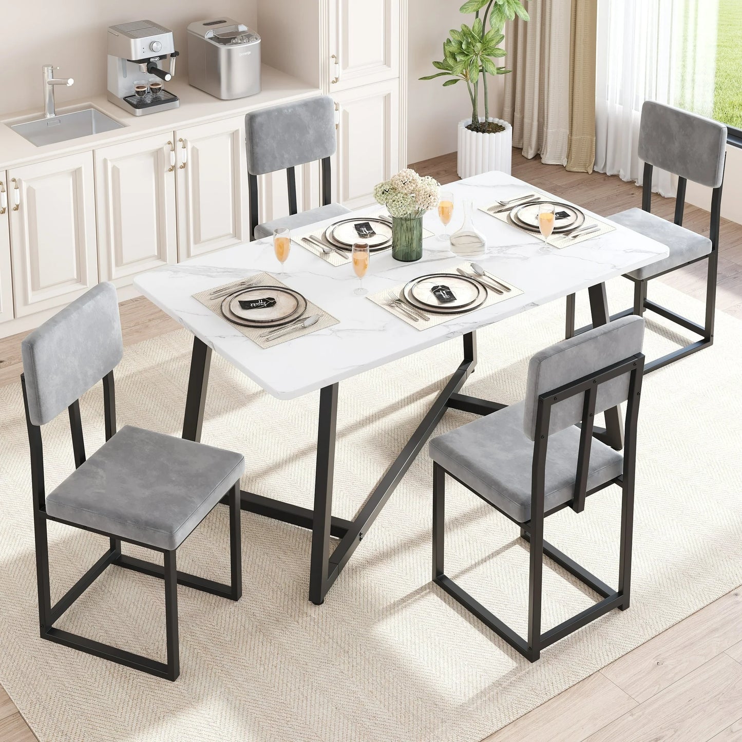 UHOMEPRO Dining Table Set for 4, Modern 5 Piece Dining Room Table Set with Faux Marble Tabletop and 4 Leatherette Upholstered Chairs, Rectangle Kitchen Table Set Dining Set for Dining Room, Gray