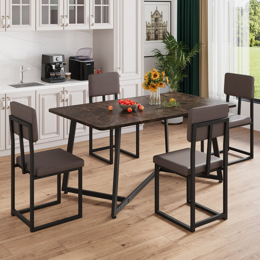 UHOMEPRO 5 Piece Dining Room Set, Modern Dining Table Set with Faux Marble Tabletop and 4 Leatherette Upholstered Chairs for 4 Persons, Rectangle Kitchen Table Set Dining Set for Dining Room, Brown