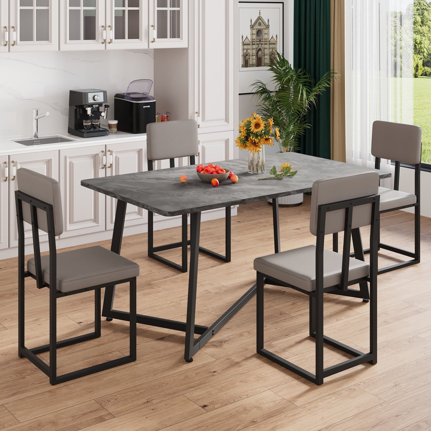 UHOMEPRO 5 Piece Dining Room Set, Modern Dining Table Set with Faux Marble Tabletop and 4 Leatherette Upholstered Chairs for 4 Persons, Rectangle Kitchen Table Set Dining Set for Dining Room, Brown