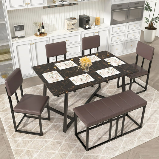 UHOMEPRO 6-Piece Dining Set, Faux Marble Dining Table with 4 Leatherette Chairs & Bench Set, Modern Rectangular Kitchen Table Set for Bar Living Room Small Space, Space-Saving Design, Brown