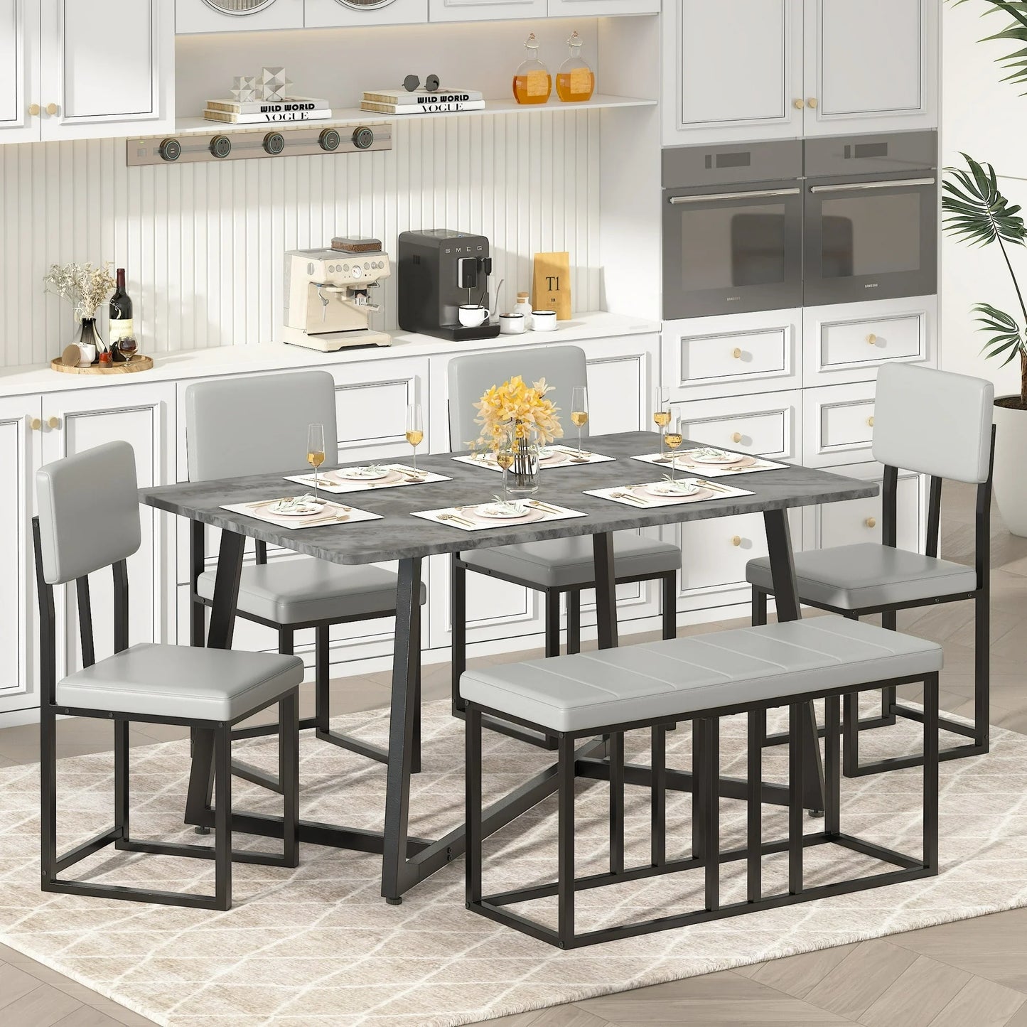 UHOMEPRO Dining Table Set for 6, Dinning Table and Chairs 4to6 Set with 4 Velvet Upholstered Chairs and 1 Bench, Modern Kitchen Table Set for Bar Living Room Breakfast Nook Small Space, White+Gray