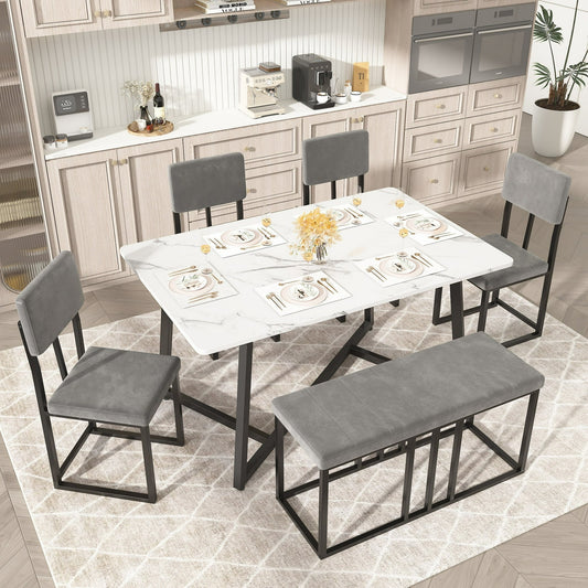 UHOMEPRO Dining Table Set for 6, Dinning Table and Chairs 4to6 Set with 4 Velvet Upholstered Chairs and 1 Bench, Modern Kitchen Table Set for Bar Living Room Breakfast Nook Small Space, White+Gray