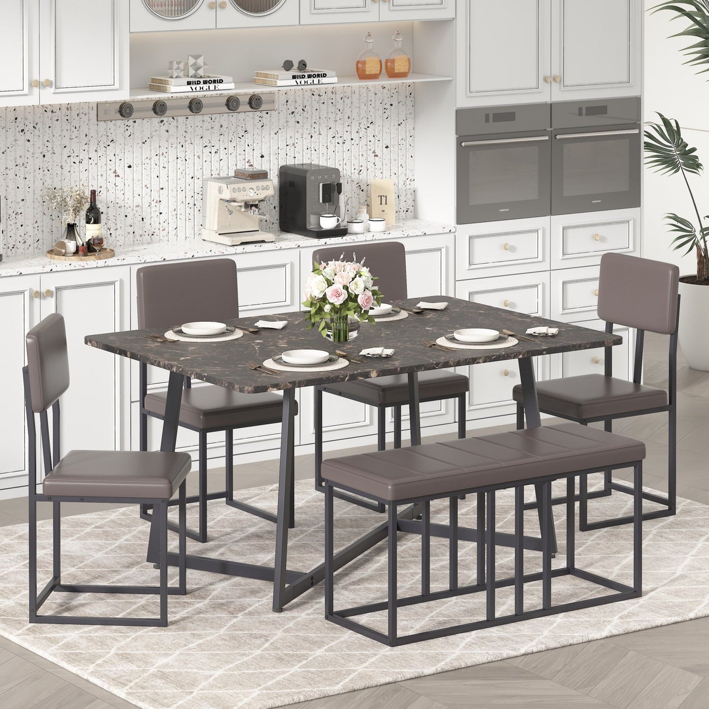 UHOMEPRO 6-Piece Dining Room Table Set, Modern Faux Marble Dining Table Set with 4 Leatherette Upholstered Chairs and Bench, Kitchen Table Set for Bar Living Room Breakfast Nook Small Space, Gray