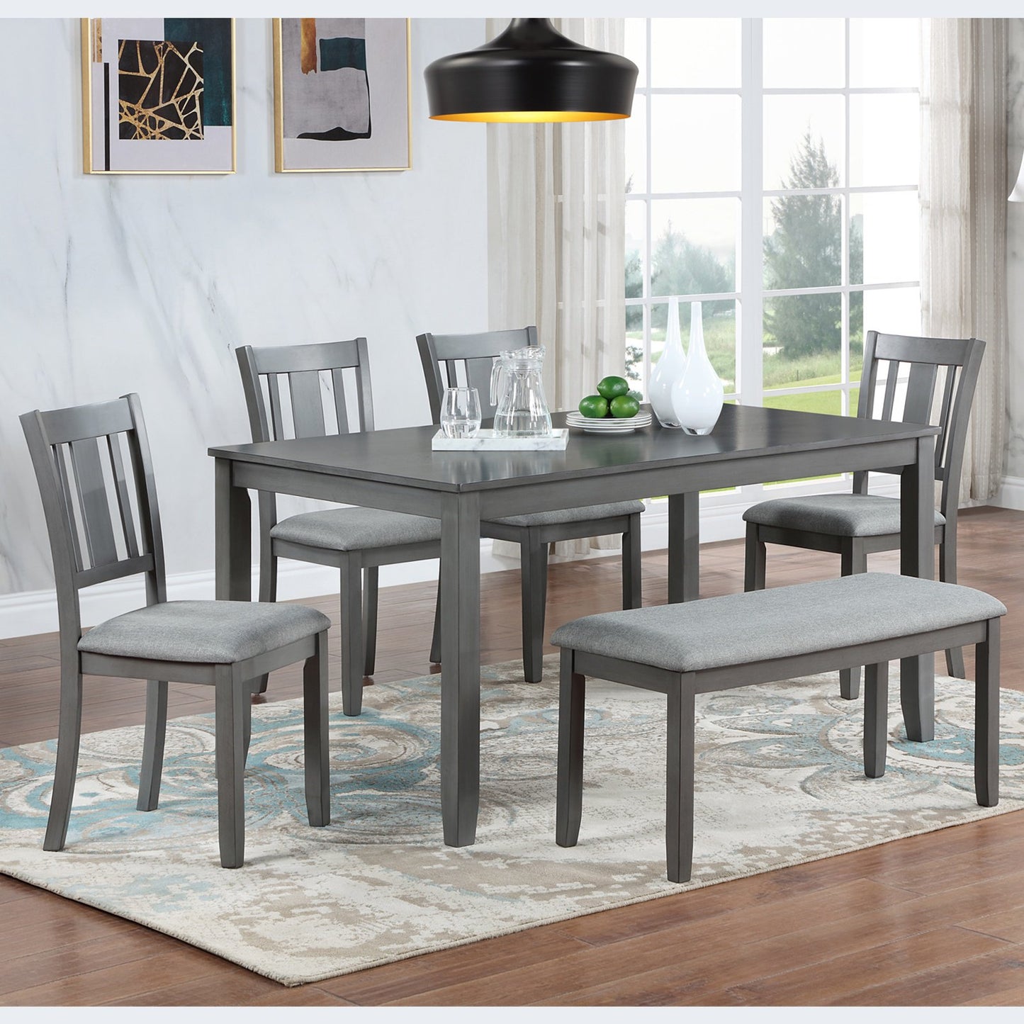 UHOMEPRO 6 Piece Dining Table Set with Bench and Chairs, Dining Table Set for 6, Rectangular Wooden Dining Table with 4 Upholstered Chairs and Bench, Dining Room Set for Kitchen, Gray A