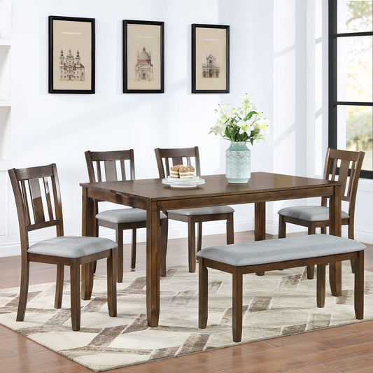 UHOMEPRO 6 Piece Dining Table Set with Bench and Chairs, Dining Table Set for 6, Rectangular Wooden Dining Table with 4 Upholstered Chairs and Bench, Dining Room Set for Kitchen, Walnut+Gray B