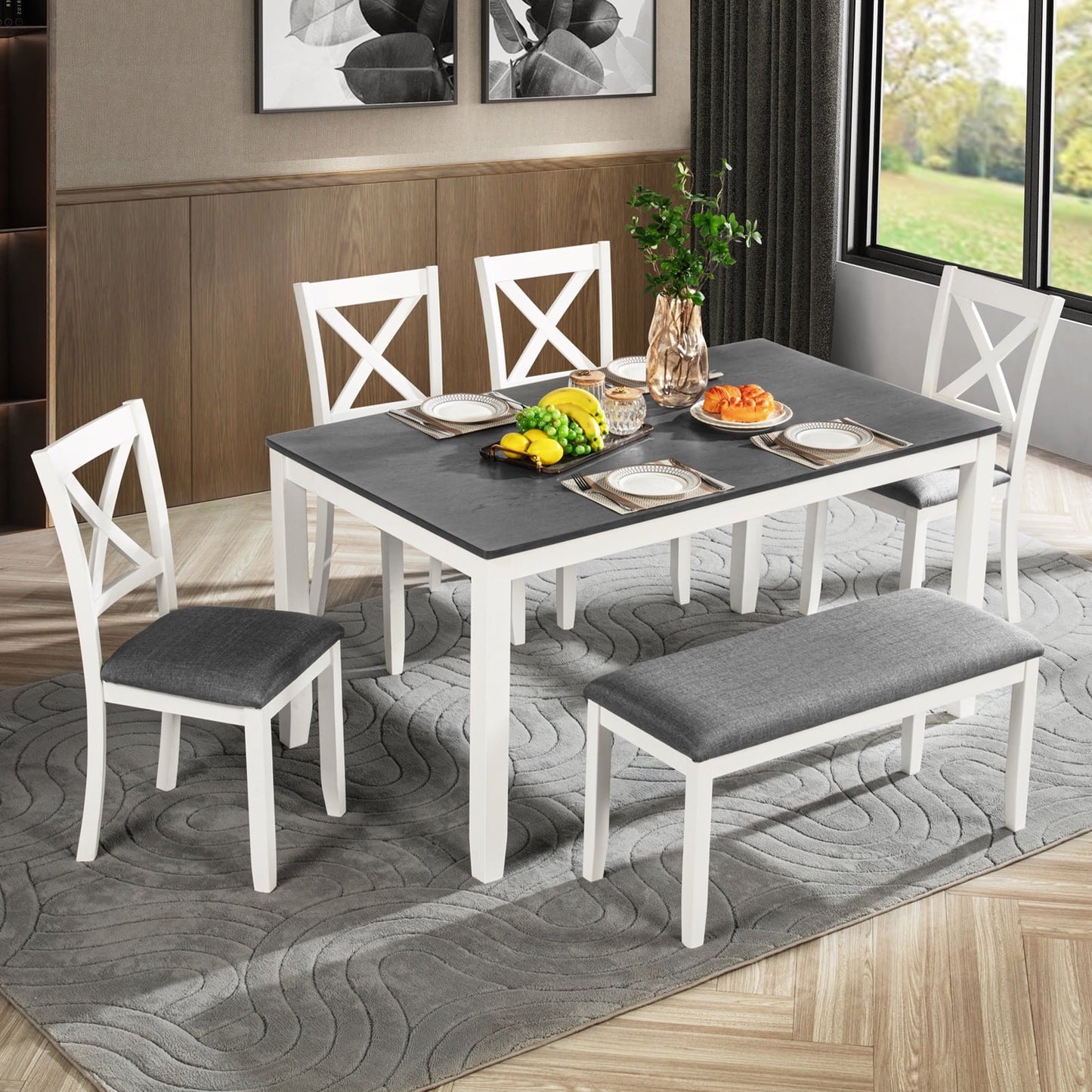 UHOMEPRO 6 Piece Dining Table Set with Bench and Chairs, Dining Table Set for 6, Rectangular Wooden Dining Table with 4 Upholstered Chairs and Bench, Dining Room Set for Kitchen, Walnut+Gray B
