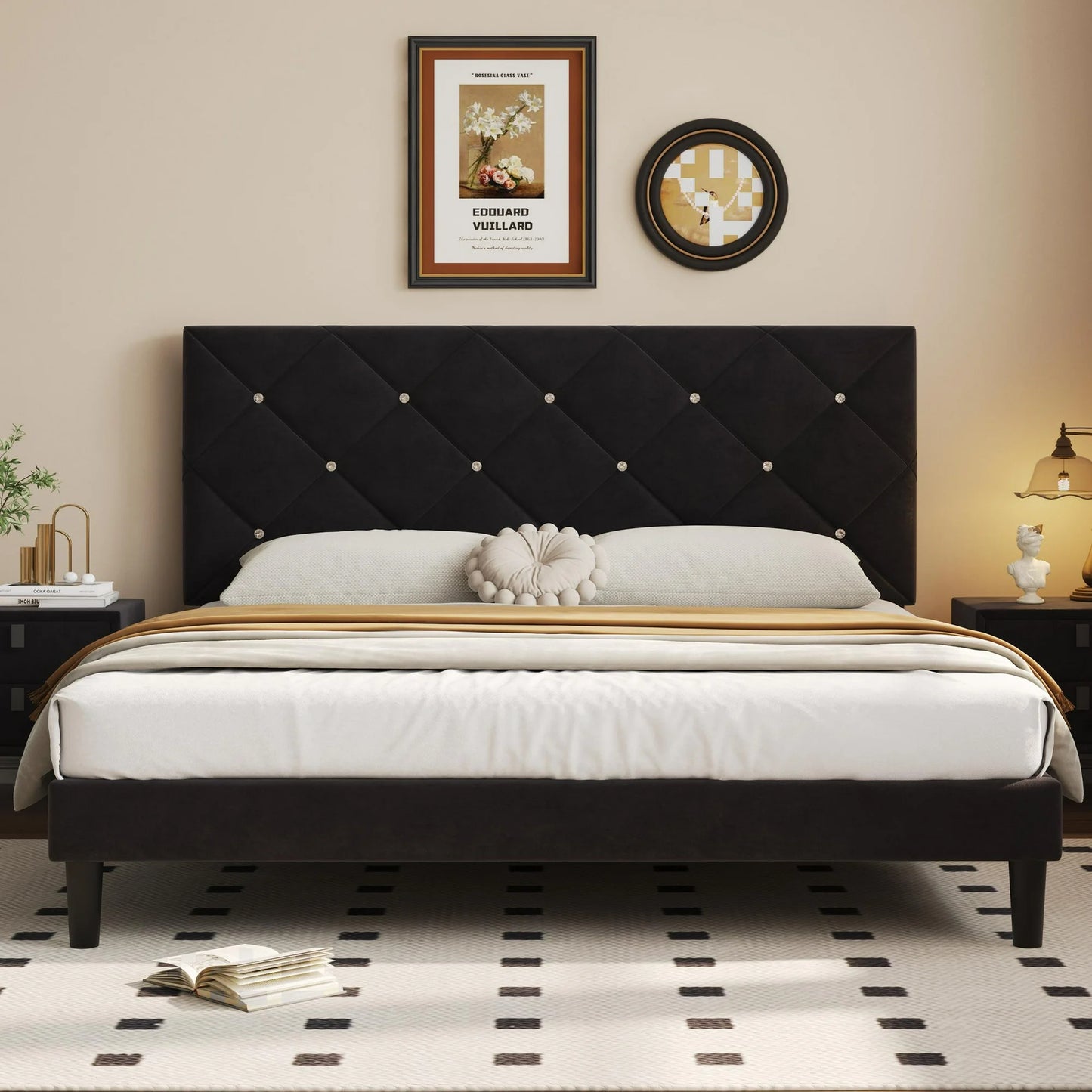 UHOMEPRO Black Platform Bed Frame, Full Bed Frame with Velvet Upholstered Headboard, No Box Spring Needed, Easy Assembly