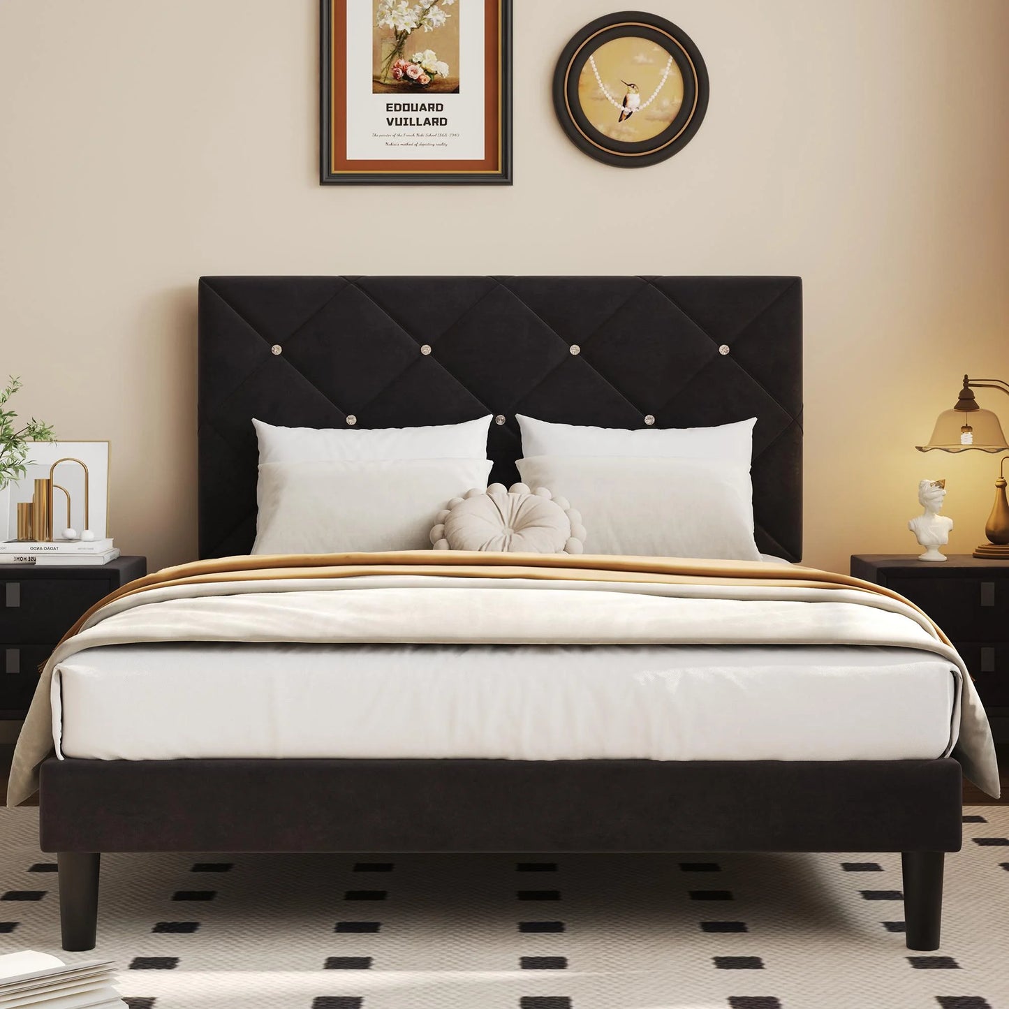 UHOMEPRO Black Platform Bed Frame, Full Bed Frame with Velvet Upholstered Headboard, No Box Spring Needed, Easy Assembly