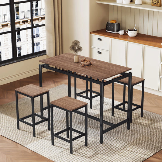 UHOMEPRO Counter Height Table Set of 5, Breakfast Bar Table and Stool Set, Modern 5 Piece Dining Table Set with 4 Stools, Rectangle Pub Table Set for Kitchen Apartment, Space Saving, Dark Brown