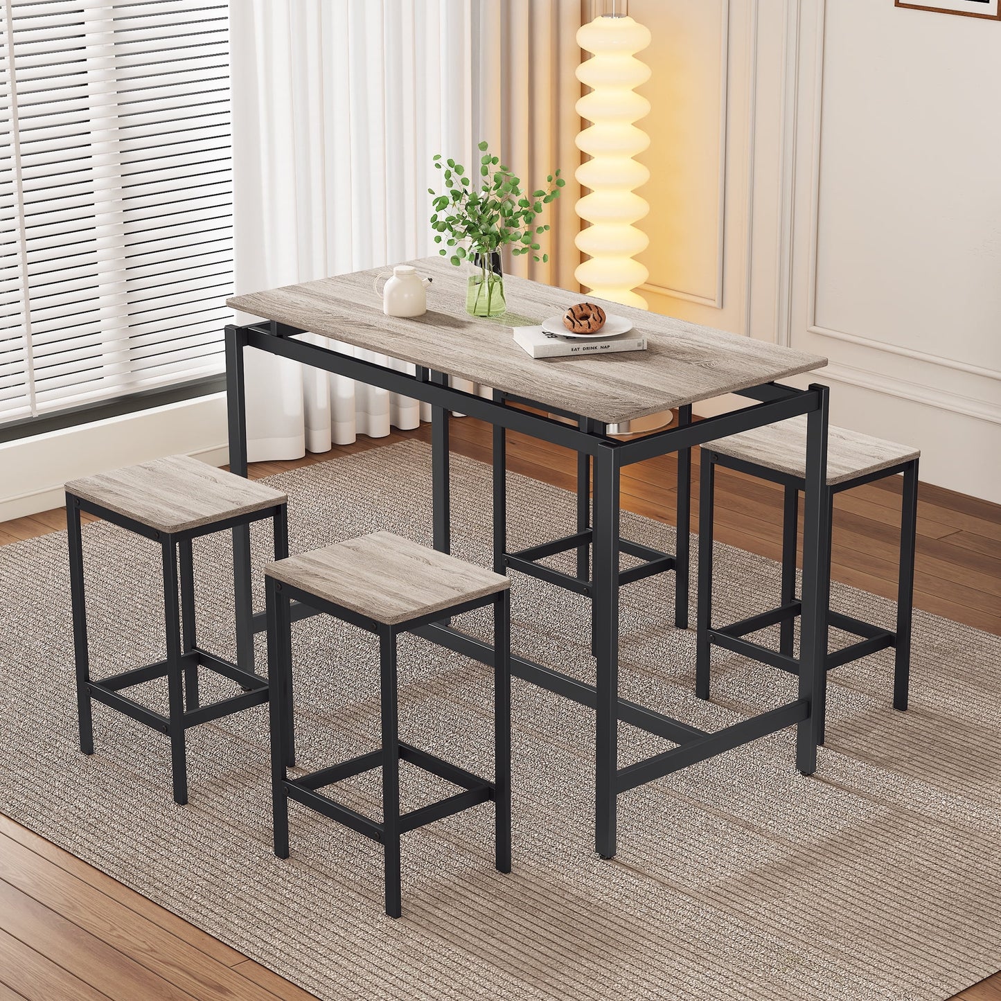 UHOMEPRO Counter Height Table Set of 5, Breakfast Bar Table and Stool Set, Modern 5 Piece Dining Table Set with 4 Stools, Rectangle Pub Table Set for Kitchen Apartment, Space Saving, Dark Brown