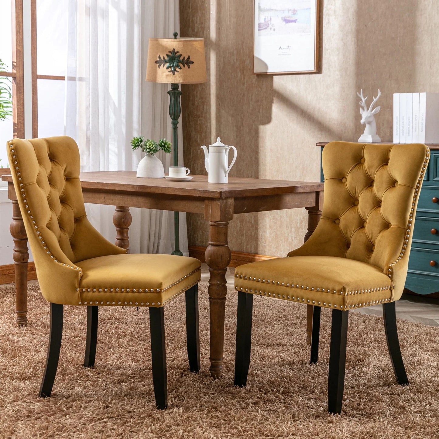 UHOMEPRO Dining Room Chairs Set of 2, Tufted Velvet Upholstered Dining Chair with Nailhead Trim and Solid Wood Legs, Accent Side Chair for Bedroom, Living Room, Beige