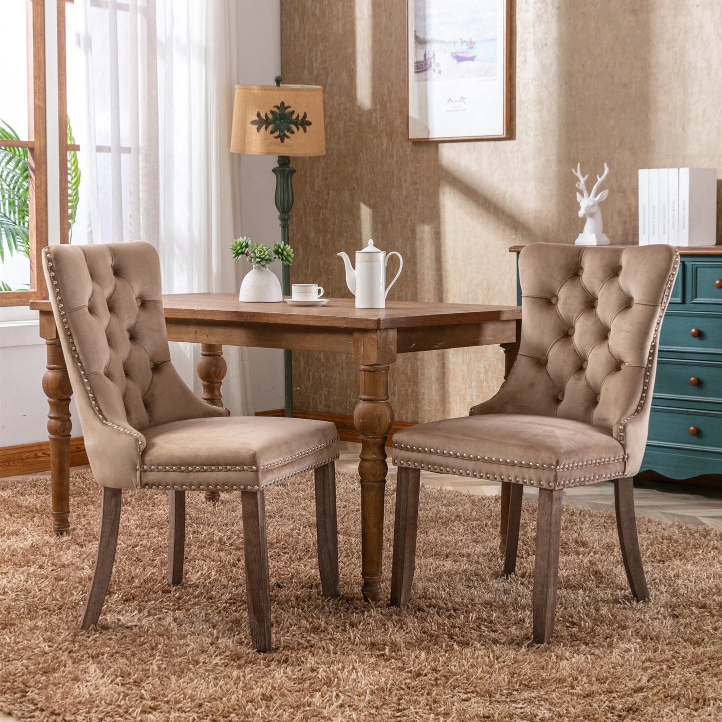 UHOMEPRO Dining Room Chairs Set of 2, Tufted Velvet Upholstered Dining Chair with Nailhead Trim and Solid Wood Legs, Accent Side Chair for Bedroom, Living Room, Beige