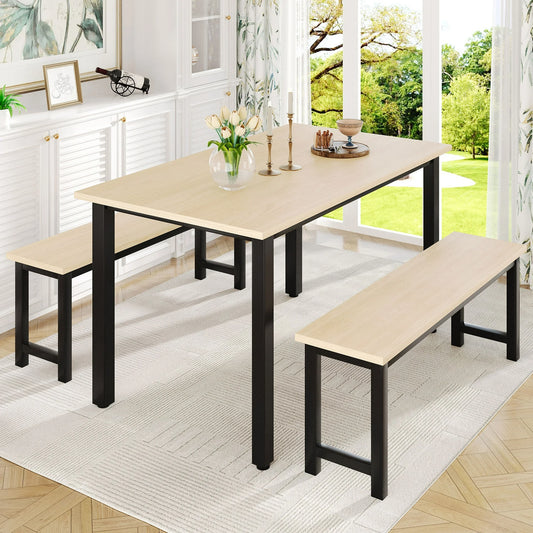 UHOMEPRO Dining Room Table Set, 3-Piece Breakfast Nook Dining Table Set with 2 Benches, Dining Room Table Set Kitchen Table Set with Metal Frame, Modern Furniture for Home Cafeteria, Beige