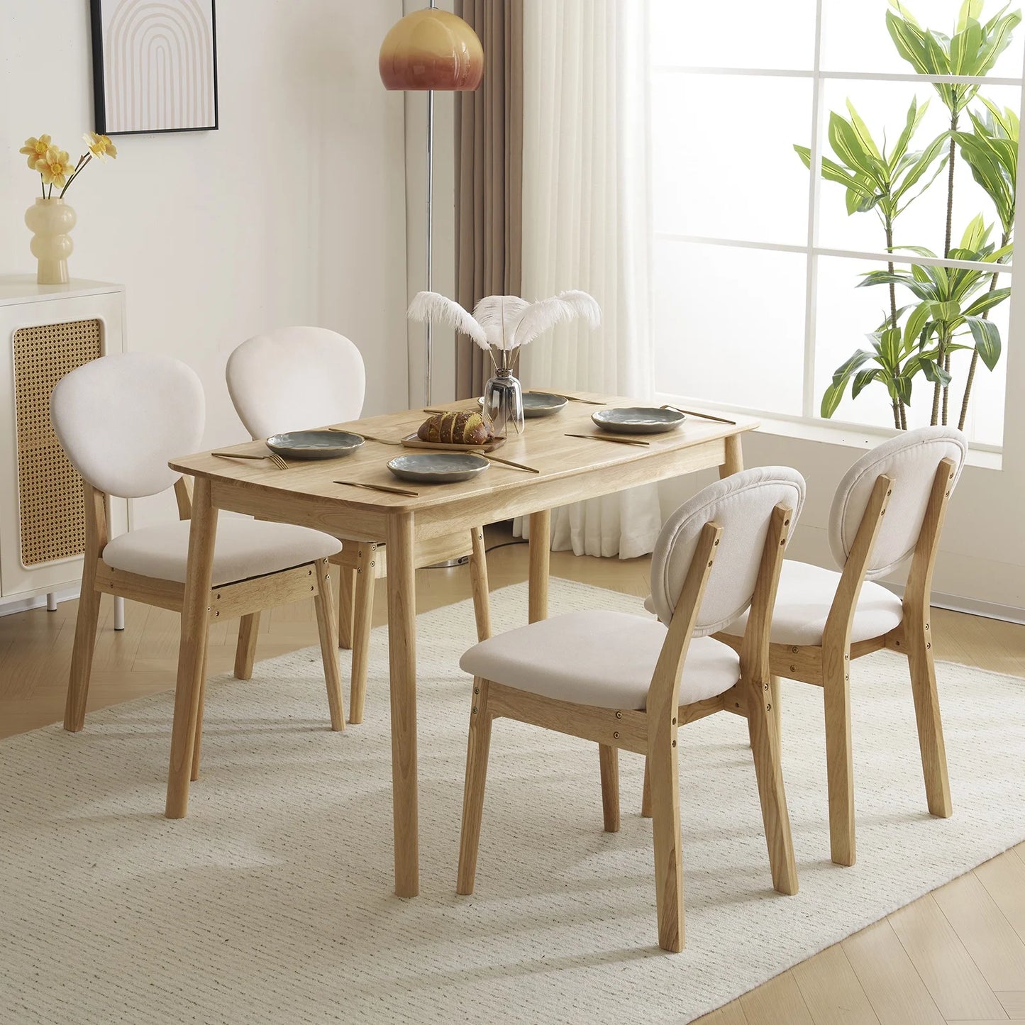 UHOMEPRO Dining Table Set for 4, 5-Piece Solid Wood Dining Room Set with 4 Upholstered Chairs, Rectangle Kitchen Table Set Dining Furniture, Modern Dining Set for Home Kitchen DiningRoom, Brown+Beige