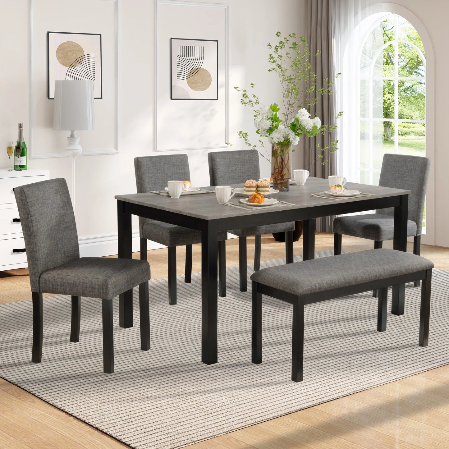 UHOMEPRO Dining Table Set for 6, Farmhouse Dining Room Table Set with Bench and Upholstered Chairs, 6 Piece Solid Wood Kitchen Table Sets with Chairs, Rustic Kitchen Furniture Set for 6, Black+Gray