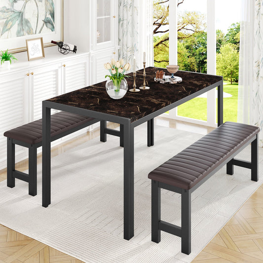 UHOMEPRO Dining Table Set for 4, Faux Marble Kitchen Table with 1 Table and 2 Brown Leather Cushion Benches, Dining Room Set for Small Spaces