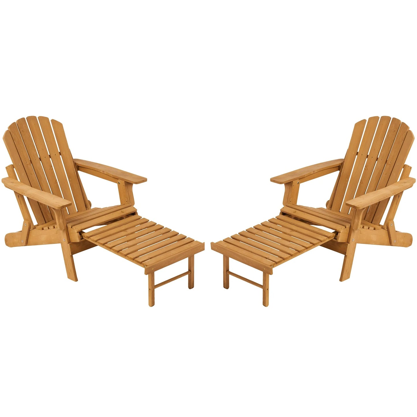 UHOMEPRO Folding Adirondack Chair Set of 2 with Retractable Ottoman, Outdoor All Weather Fire Pit Chairs for Garden Backyard Porch Pool, Wooden Accent Lounge Furniture w/ 350lb Capacity, Light Brown