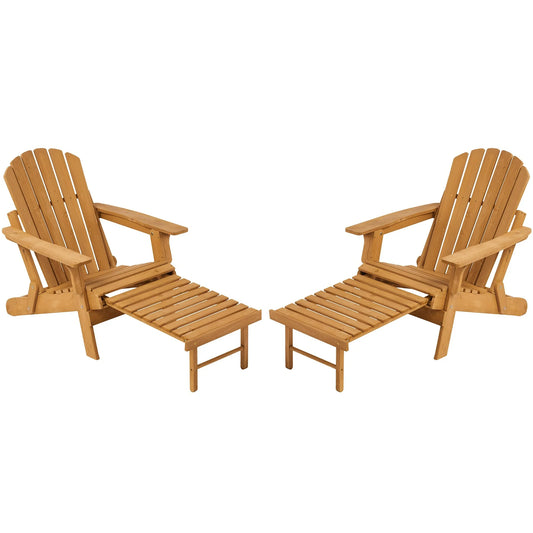 UHOMEPRO Folding Adirondack Chair Set of 2 with Retractable Ottoman, Outdoor All Weather Fire Pit Chairs for Garden Backyard Porch Pool, Wooden Accent Lounge Furniture w/ 350lb Capacity, Light Brown