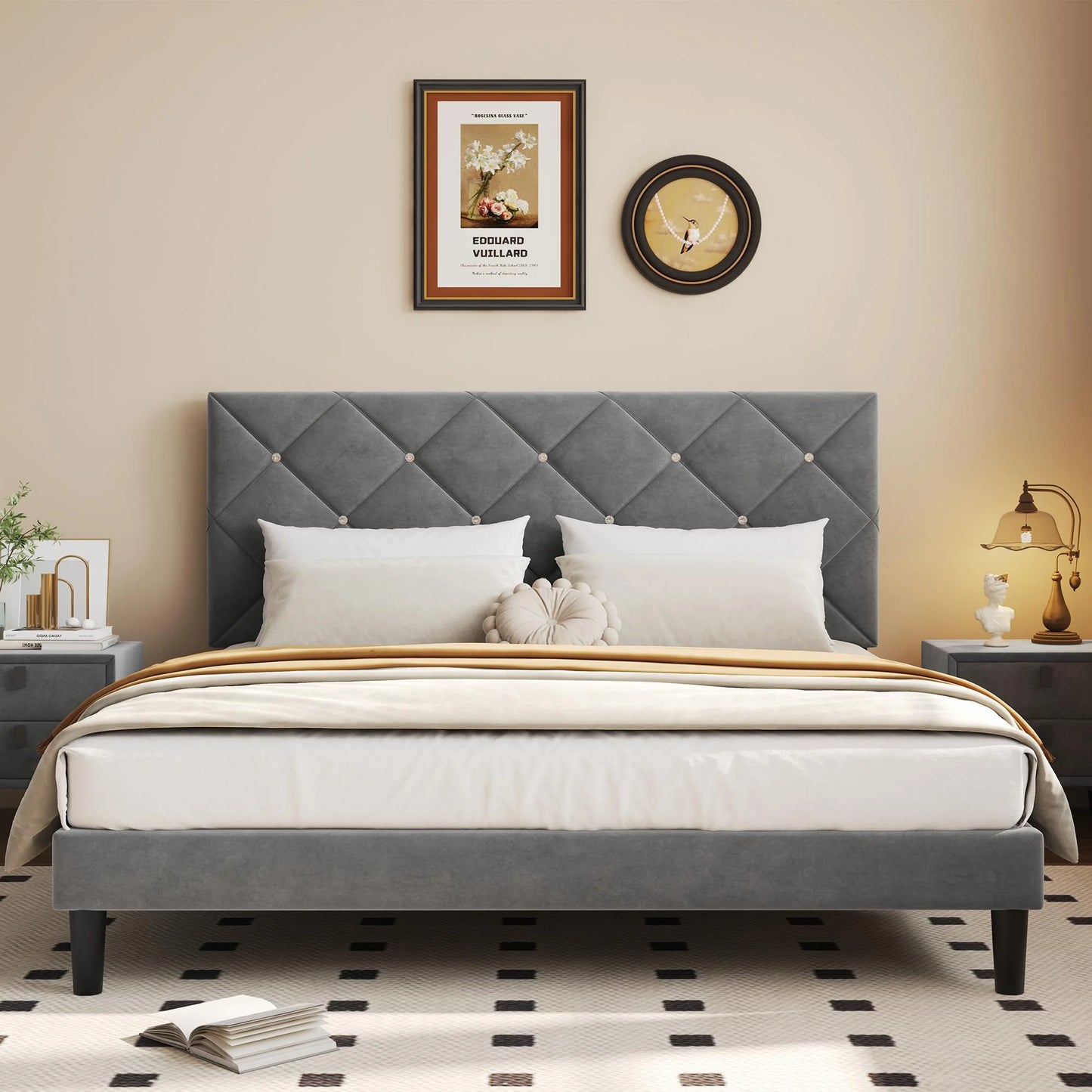 UHOMEPRO Black Platform Bed Frame, Full Bed Frame with Velvet Upholstered Headboard, No Box Spring Needed, Easy Assembly