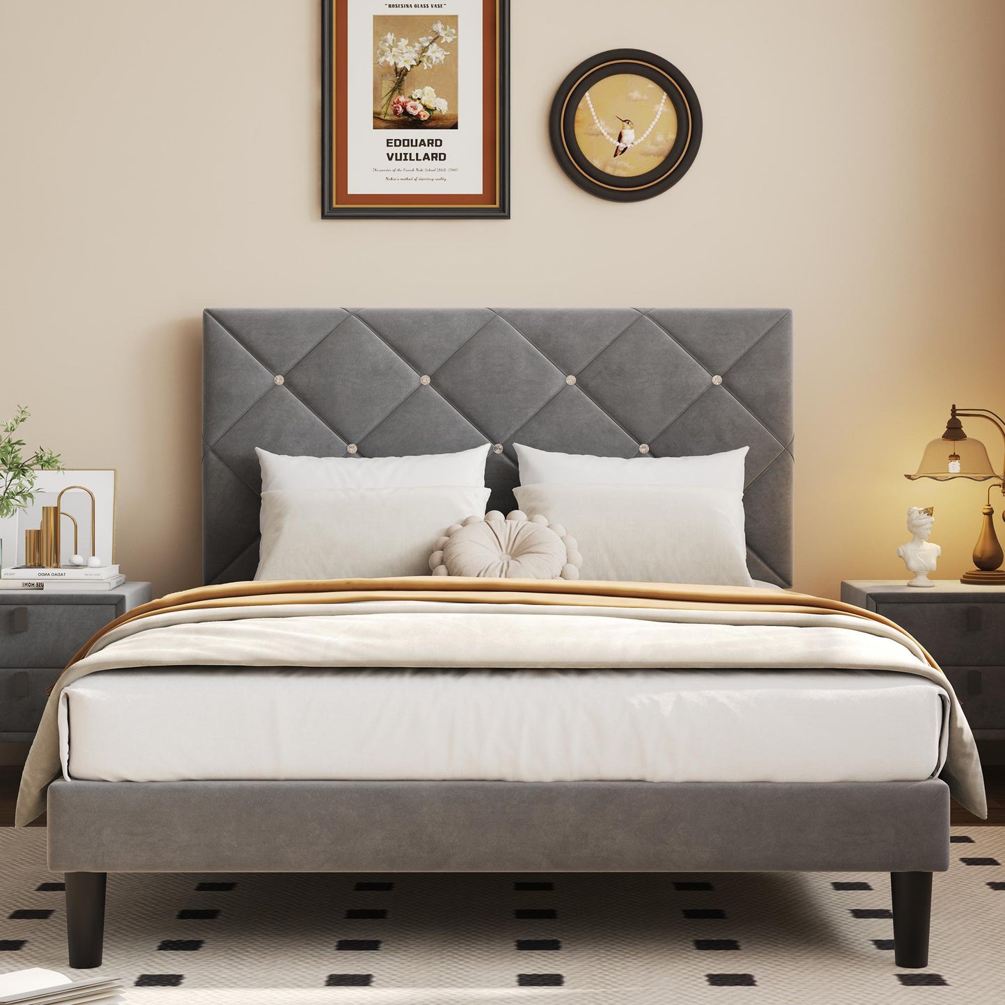 UHOMEPRO Black Platform Bed Frame, Full Bed Frame with Velvet Upholstered Headboard, No Box Spring Needed, Easy Assembly