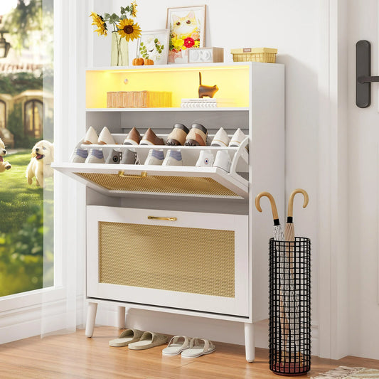 UHOMEPRO Shoe Cabinet with Rattan Flip Drawers, Shoe Organizer with LED Strip for 20 Shoes, Freestanding Tipping Bucket Shoe Storage Cabinet for Entryway, Brown