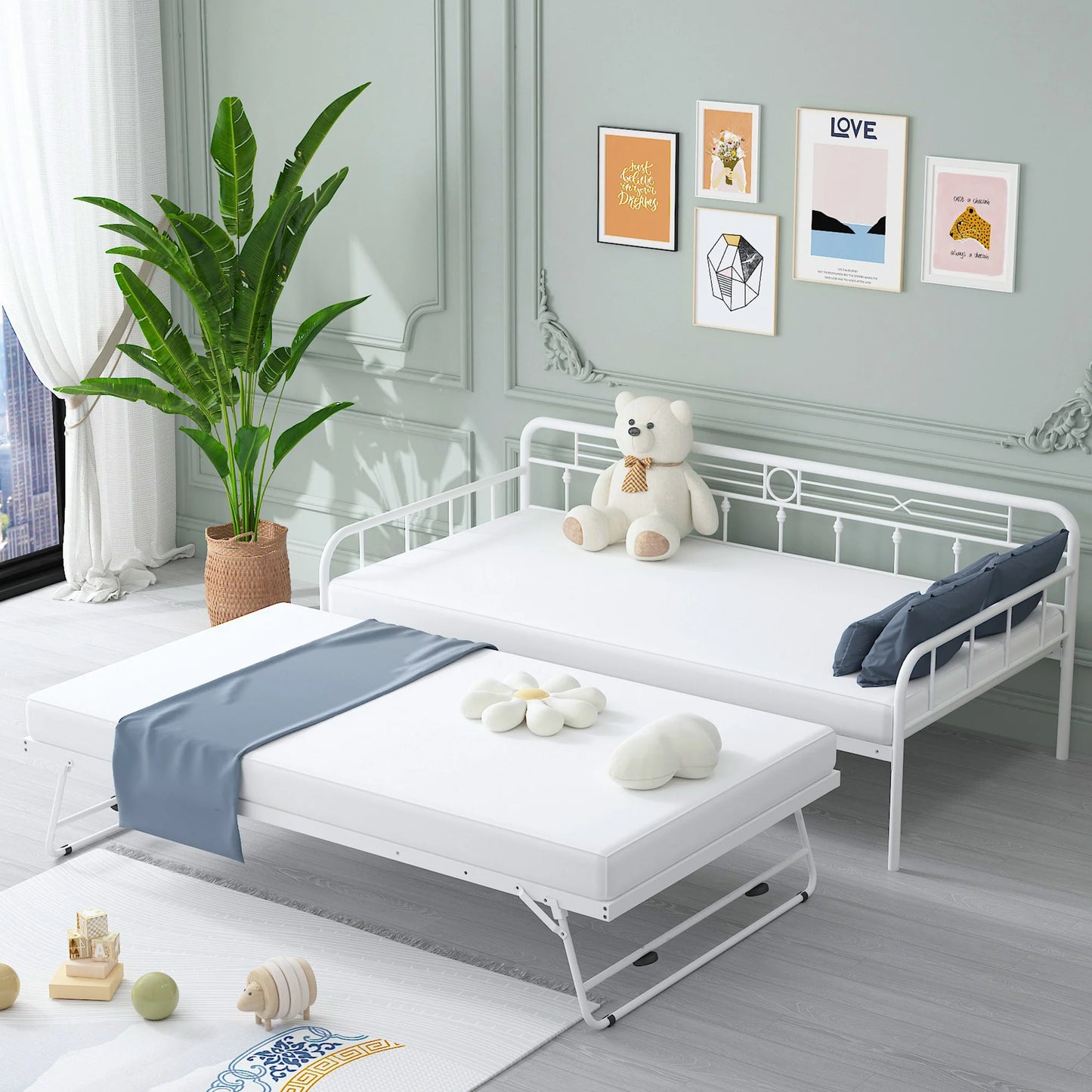 UHOMEPRO Daybed with Adjustable Trundle, Twin Metal Daybed with Pop Up Trundle Bed, Heavy-Duty Sofa with Portable Folding Trundle Bed for Bedroom Living Room (Black)