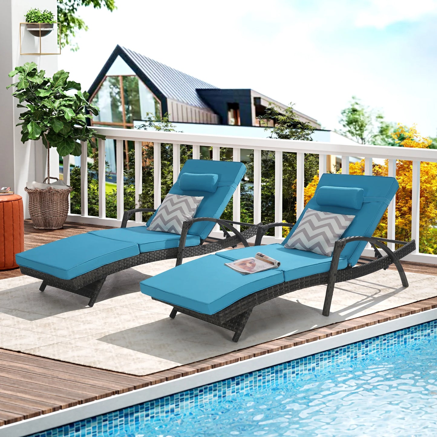 UHOMEPRO Outdoor Chaise Lounge Chair Furniture Sets of 2, Rattan Patio Reclining Chair Set w/ Adjustable Backrest Cushion, Wicker Lounge Chair On Clearance, 5-Level Angles Adjust Backrest, Beige