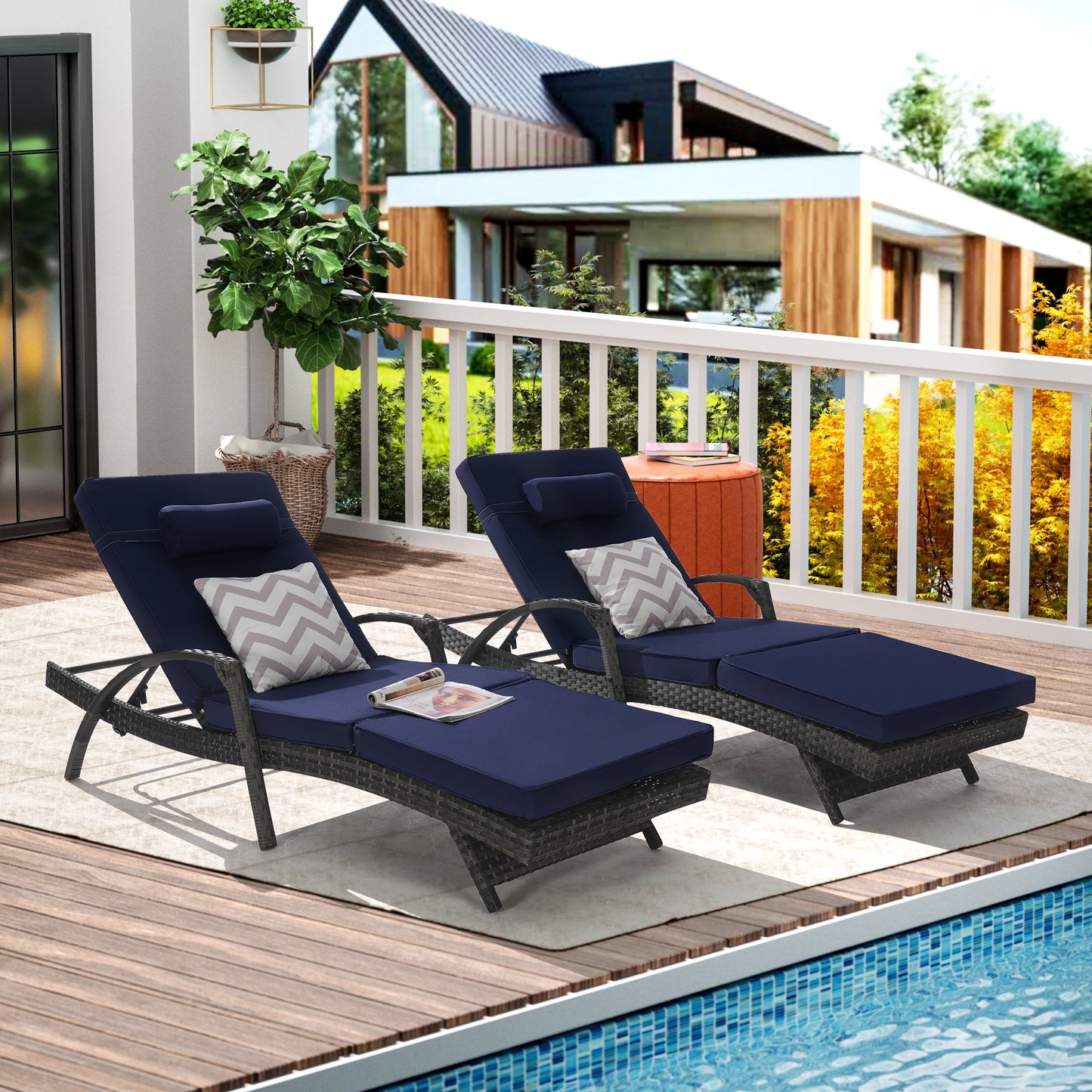 UHOMEPRO Outdoor Chaise Lounge Chair Furniture Sets of 2, Rattan Patio Reclining Chair Set w/ Adjustable Backrest Cushion, Wicker Lounge Chair On Clearance, 5-Level Angles Adjust Backrest, Beige