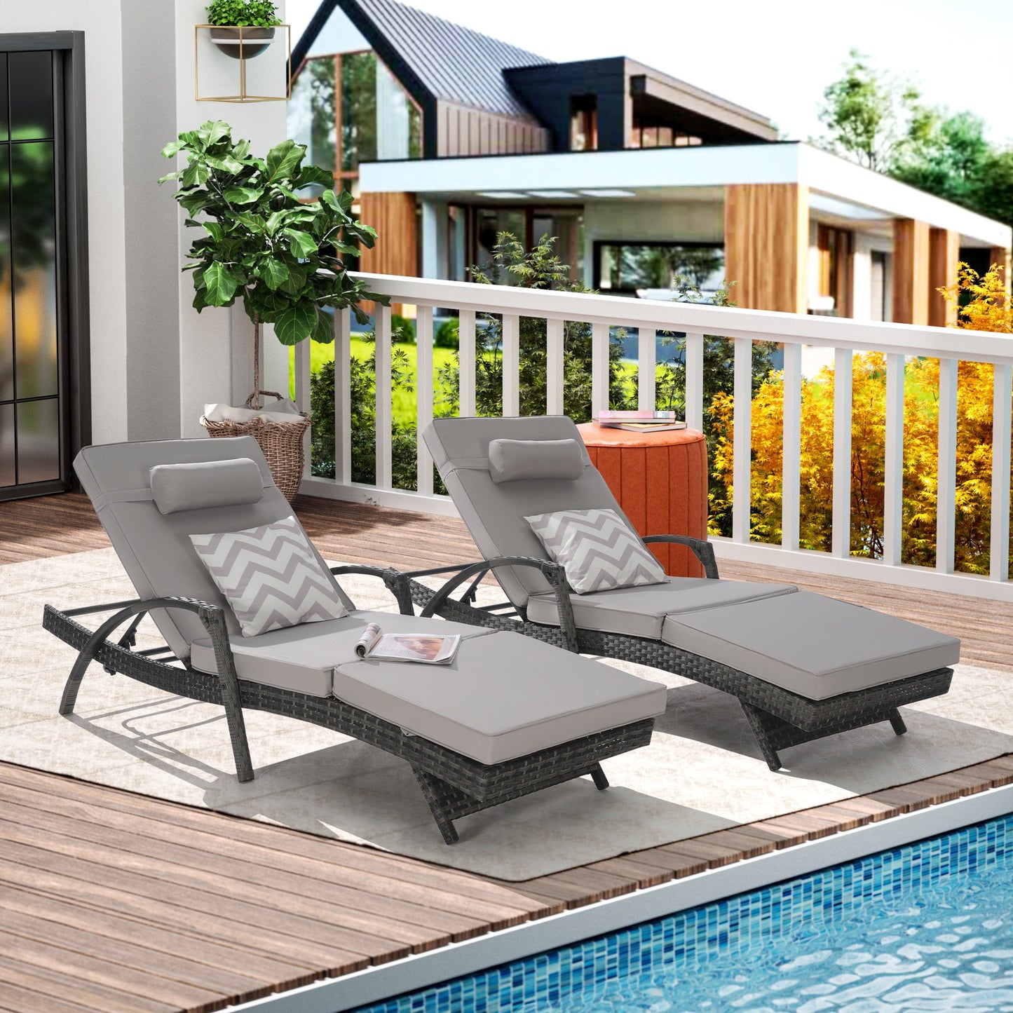 UHOMEPRO Outdoor Chaise Lounge Chair Furniture Sets of 2, Rattan Patio Reclining Chair Set w/ Adjustable Backrest Cushion, Wicker Lounge Chair On Clearance, 5-Level Angles Adjust Backrest, Beige