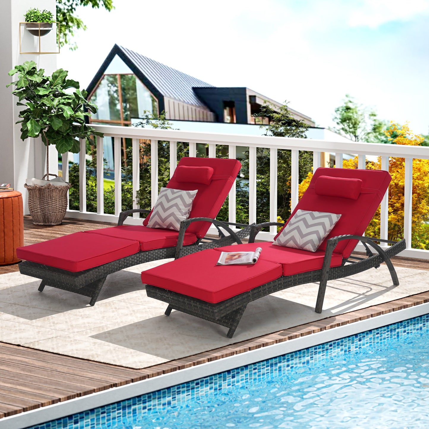 UHOMEPRO Outdoor Chaise Lounge Chair Furniture Sets of 2, Rattan Patio Reclining Chair Set w/ Adjustable Backrest Cushion, Wicker Lounge Chair On Clearance, 5-Level Angles Adjust Backrest, Beige