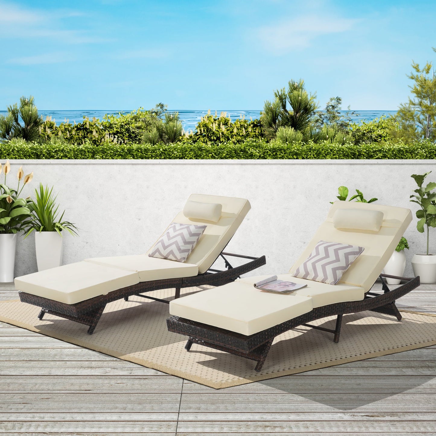 UHOMEPRO Outdoor Chaise Lounge Set of 2, All-Weather Wicker Long Reclining Chair, Patio Lounger Recliner for Poolside, Patio, Backyard, Max Weight 600 lbs | Waterproof | Easy to Assemble, Blue