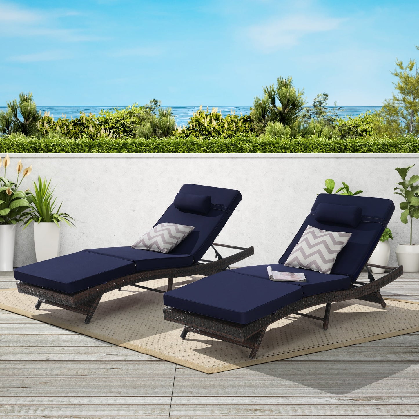 UHOMEPRO Outdoor Chaise Lounge Set of 2, All-Weather Wicker Long Reclining Chair, Patio Lounger Recliner for Poolside, Patio, Backyard, Max Weight 600 lbs | Waterproof | Easy to Assemble, Blue