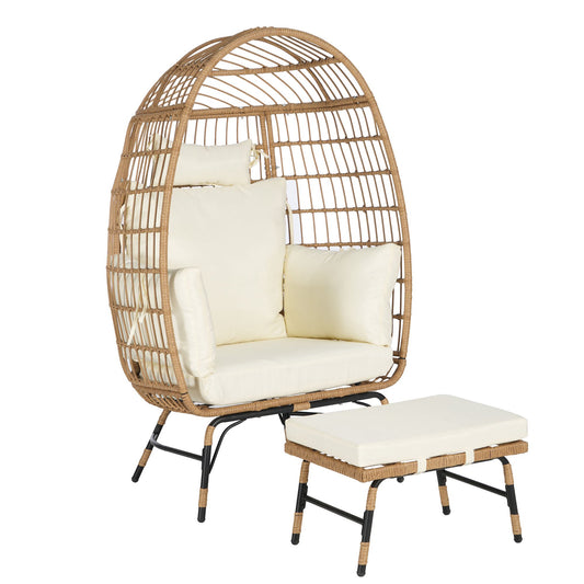 UHOMEPRO Oversized Wicker Egg Chair with Ottoman, Outdoor Patio Lounge Chair with Thick Cushions, Outdoor Indoor Large Rattan Egg Chair for Bedroom Patio Balcony Front Porch Garden, Light Gray