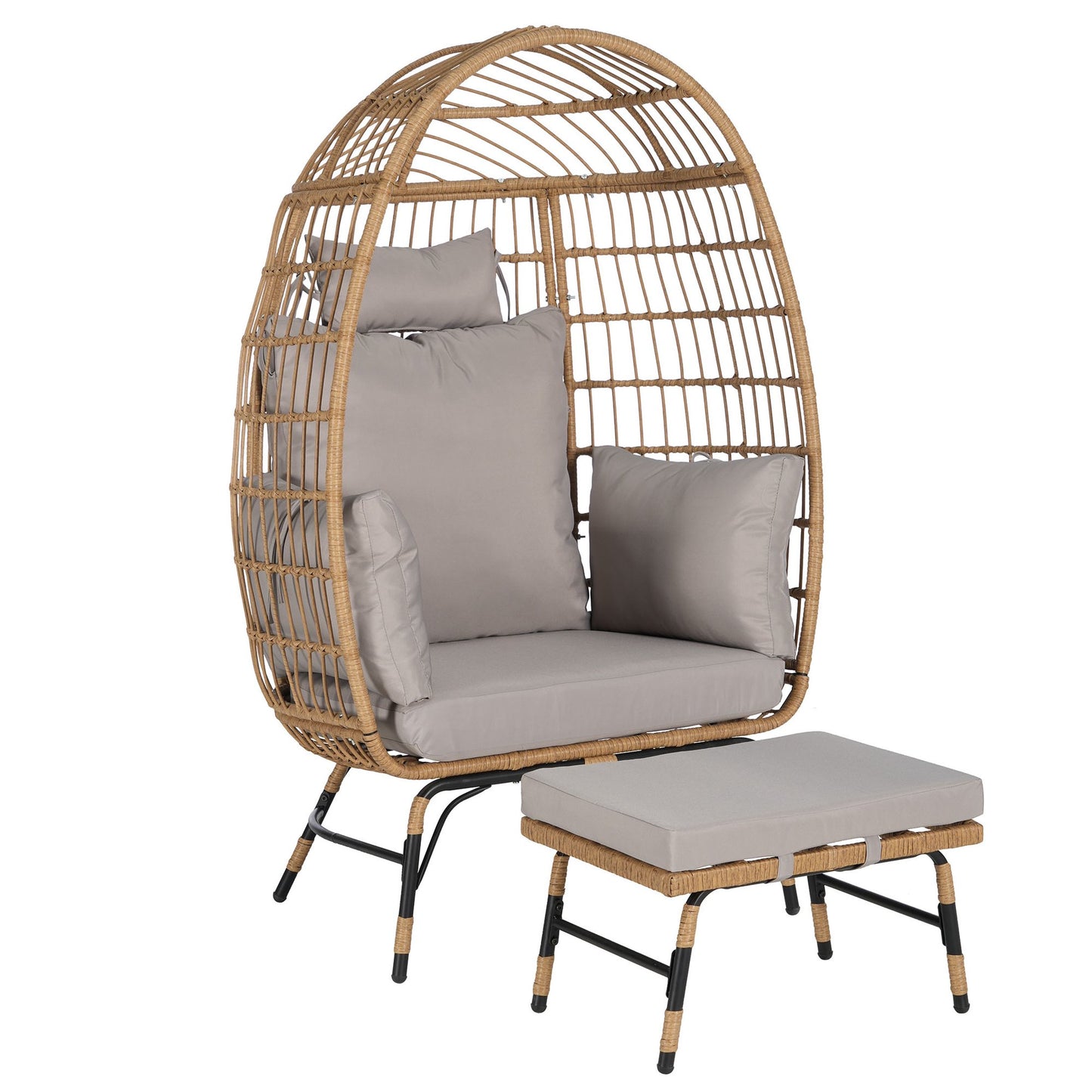 UHOMEPRO Oversized Wicker Egg Chair with Ottoman, Outdoor Patio Lounge Chair with Thick Cushions, Outdoor Indoor Large Rattan Egg Chair for Bedroom Patio Balcony Front Porch Garden, Light Gray