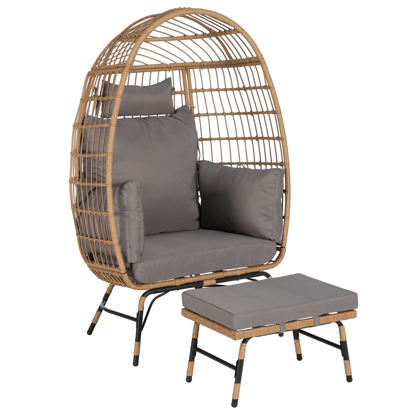 UHOMEPRO Oversized Wicker Egg Chair with Ottoman, Outdoor Patio Lounge Chair with Thick Cushions, Outdoor Indoor Large Rattan Egg Chair for Bedroom Patio Balcony Front Porch Garden, Light Gray