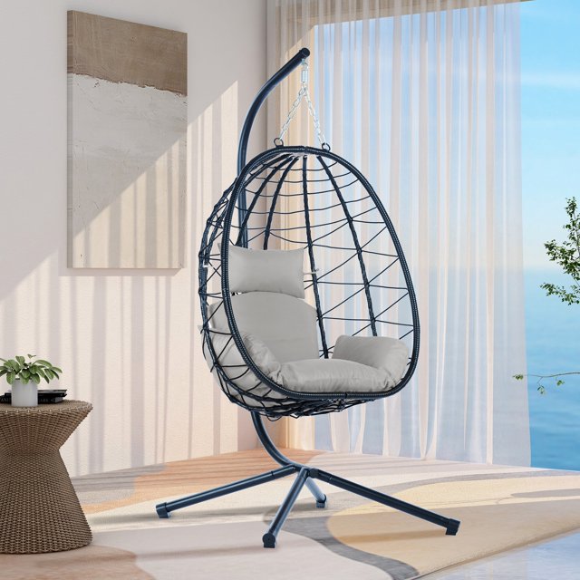 UHOMEPRO Rattan Swing Egg Chair with Stand, Indoor Outdoor Patio Wicker Swing Chair with Removable Cushion, All-Weather Hammock Chair for Patio Balcony Porch Garden, Strong Metal Frame, Dark Gray
