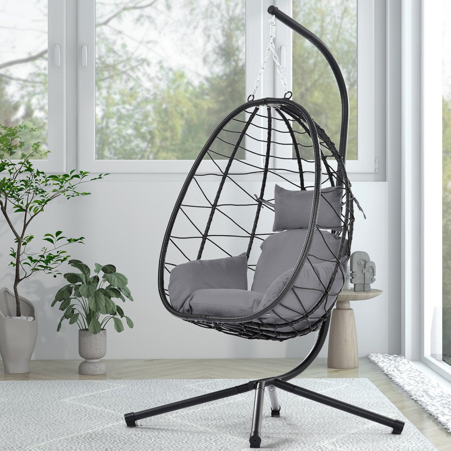 UHOMEPRO Rattan Swing Egg Chair with Stand, Indoor Outdoor Patio Wicker Swing Chair with Removable Cushion, All-Weather Hammock Chair for Patio Balcony Porch Garden, Strong Metal Frame, Dark Gray