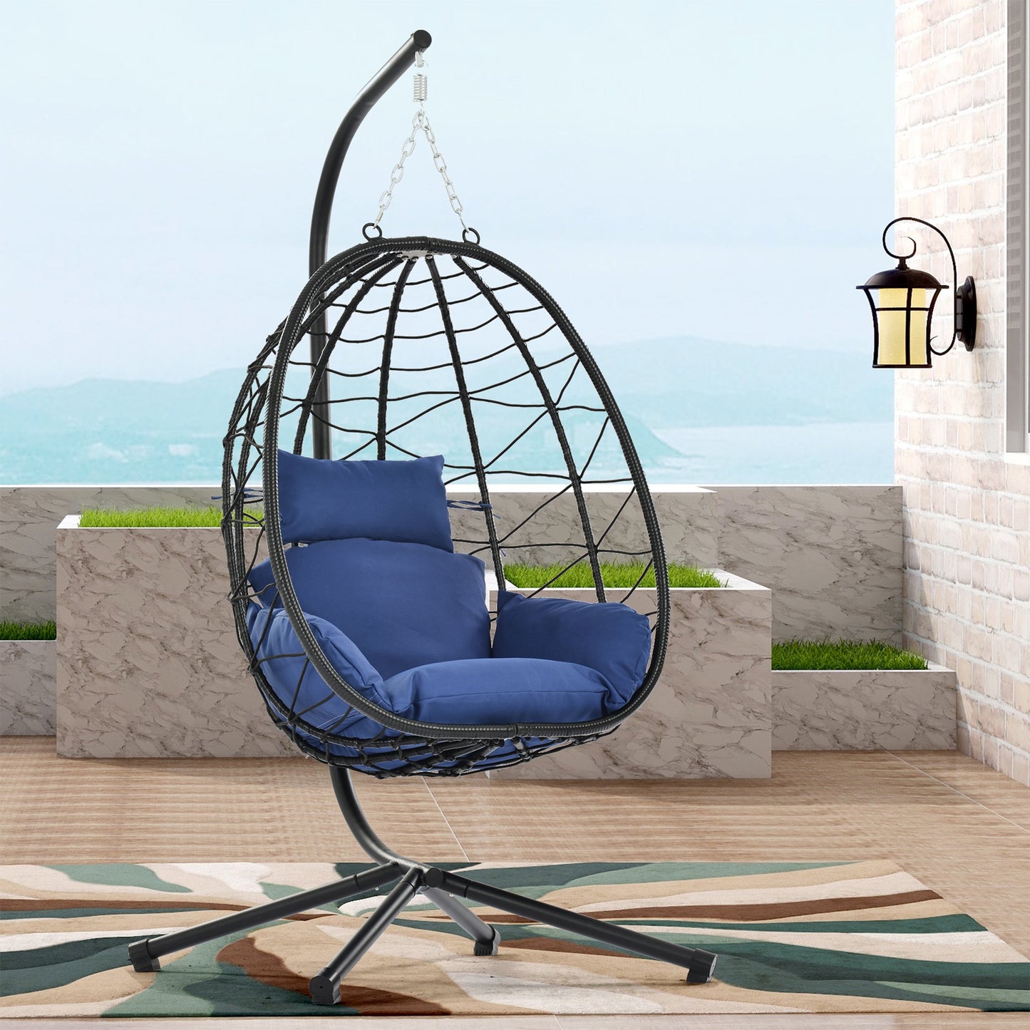 UHOMEPRO Rattan Swing Egg Chair with Stand, Indoor Outdoor Patio Wicker Swing Chair with Removable Cushion, All-Weather Hammock Chair for Patio Balcony Porch Garden, Strong Metal Frame, Dark Gray