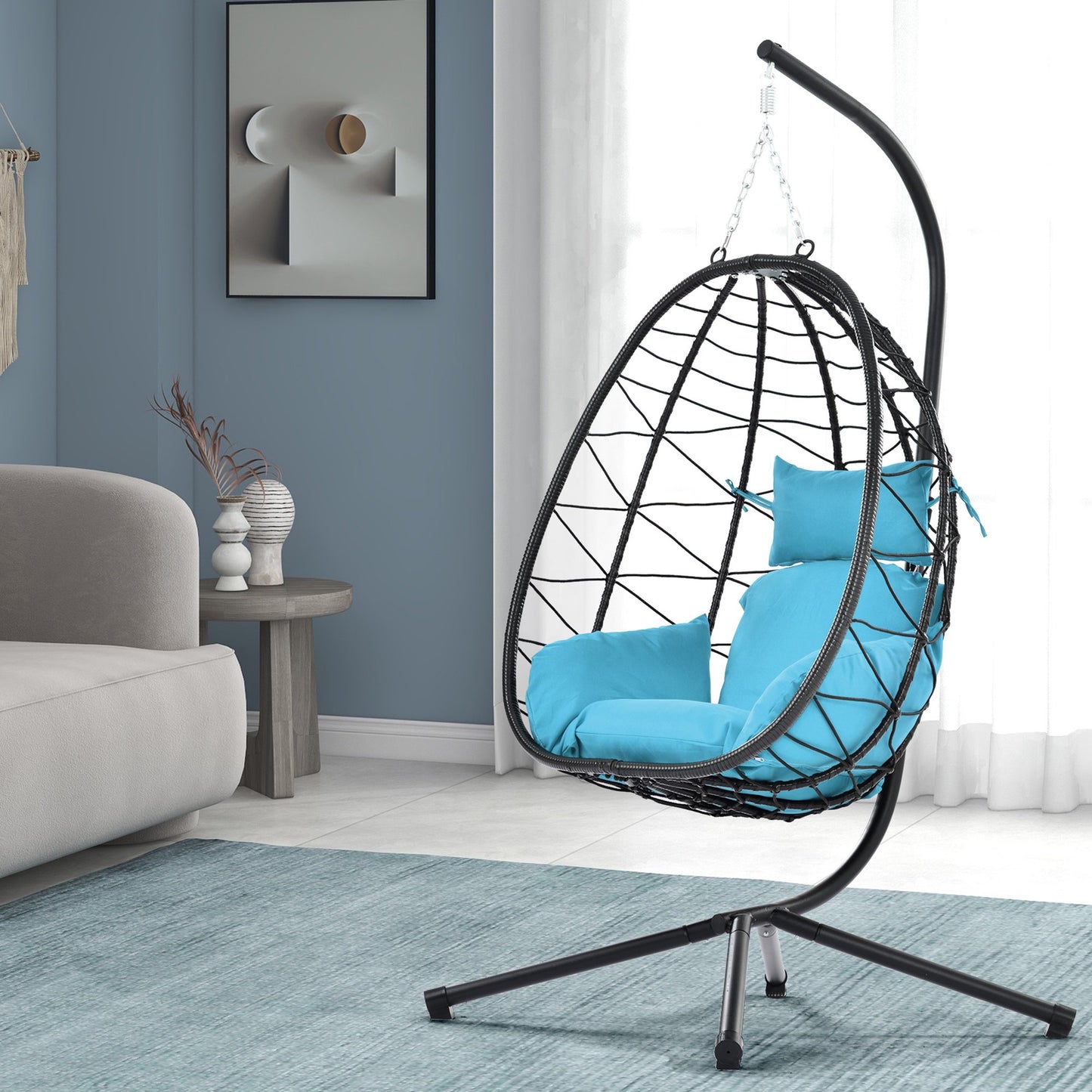 UHOMEPRO Rattan Swing Egg Chair with Stand, Indoor Outdoor Patio Wicker Swing Chair with Removable Cushion, All-Weather Hammock Chair for Patio Balcony Porch Garden, Strong Metal Frame, Dark Gray