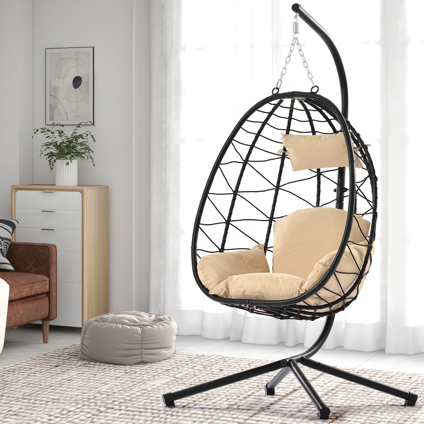 UHOMEPRO Rattan Swing Egg Chair with Stand, Indoor Outdoor Patio Wicker Swing Chair with Removable Cushion, All-Weather Hammock Chair for Patio Balcony Porch Garden, Strong Metal Frame, Dark Gray