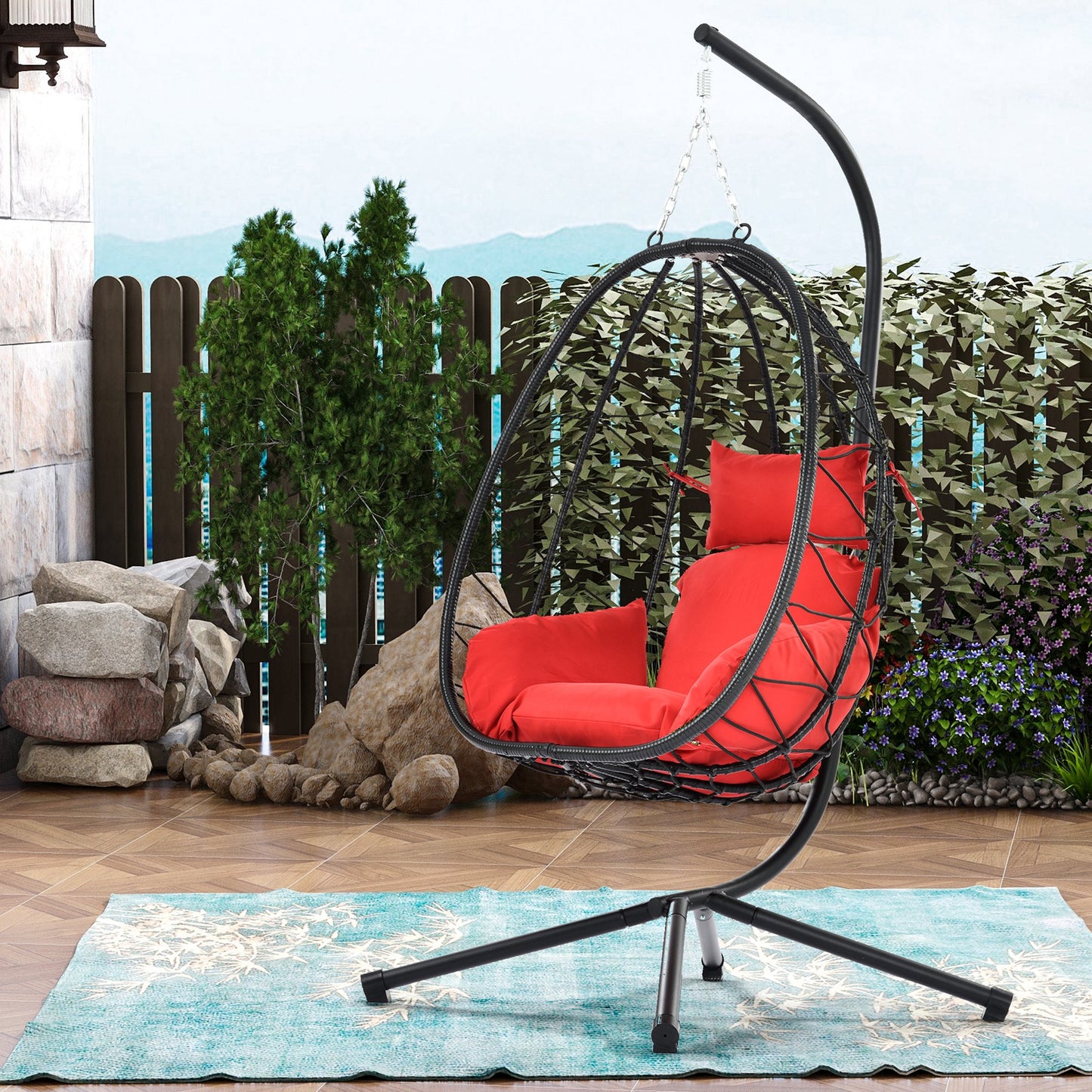 UHOMEPRO Rattan Swing Egg Chair with Stand, Indoor Outdoor Patio Wicker Swing Chair with Removable Cushion, All-Weather Hammock Chair for Patio Balcony Porch Garden, Strong Metal Frame, Dark Gray