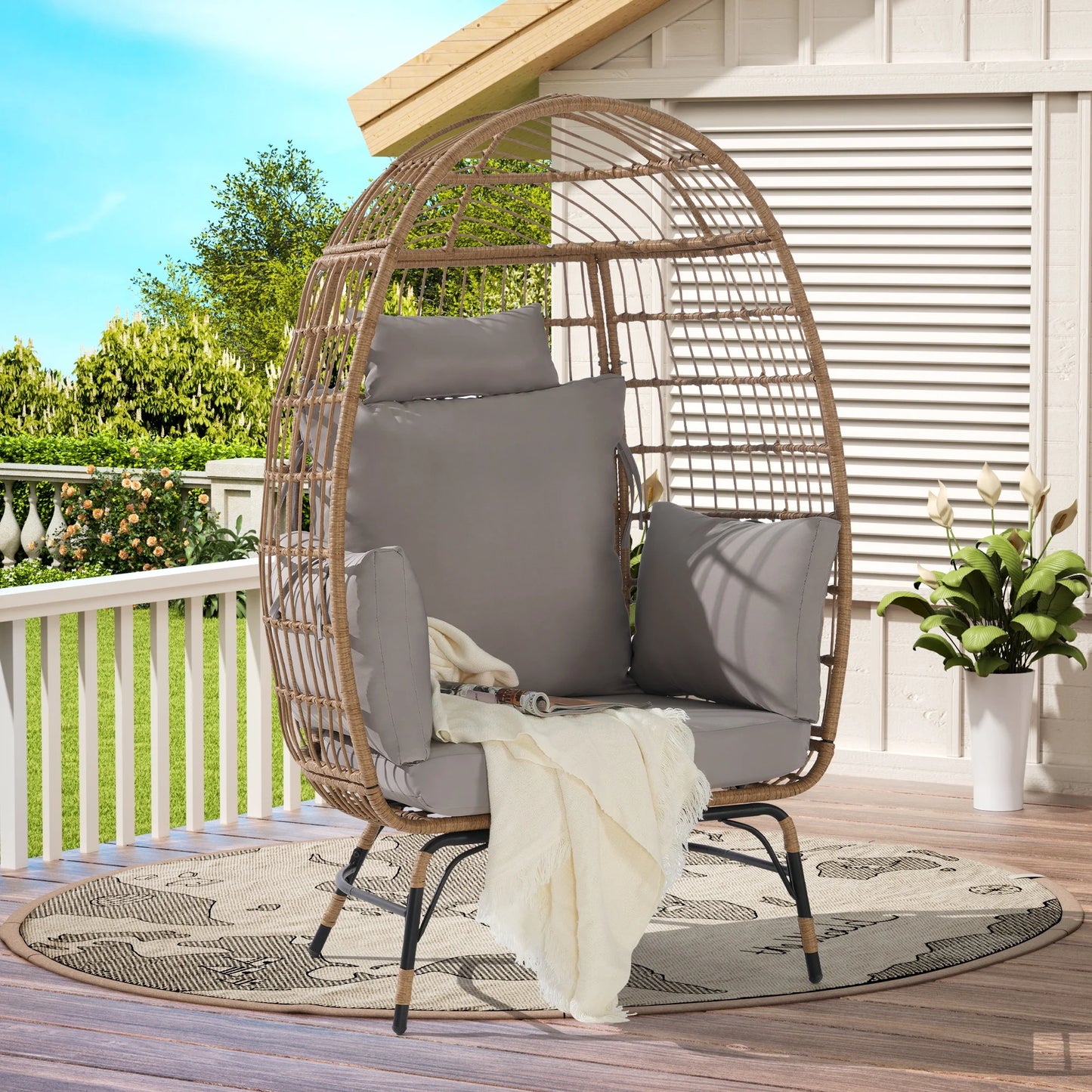 UHOMEPRO Wicker Egg Chair, Oversized Indoor Outdoor Patio Lounge Chair, Rattan Basket Chair with Soft Cushion, Pillow and Legs, 360lbs Capacity, Steel Frame, for Home Bedroom Patio Balcony, Beige
