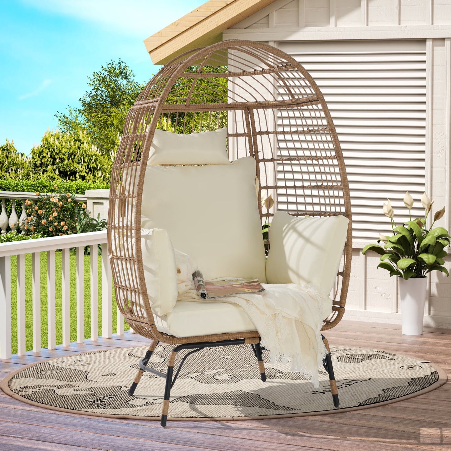 UHOMEPRO Wicker Egg Chair, Oversized Indoor Outdoor Patio Lounge Chair, Rattan Basket Chair with Soft Cushion, Pillow and Legs, 360lbs Capacity, Steel Frame, for Home Bedroom Patio Balcony, Beige
